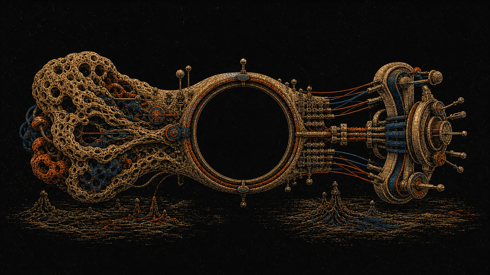An engraved organic network in St. Petersburg connected to a mechanical network in Taipei through a central chamber.